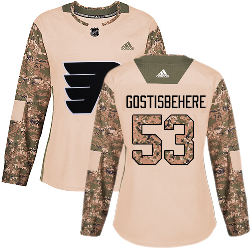 Adidas Flyers #53 Shayne Gostisbehere Camo Authentic Veterans Day Women's Stitched NHL Jersey - Click Image to Close